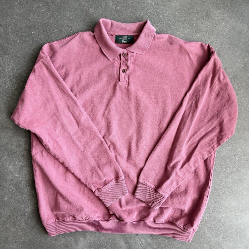Orvis Classic Rugby Collared Long Sleeve Shirt Salmon 3 Button Mens XL Vtg 90s